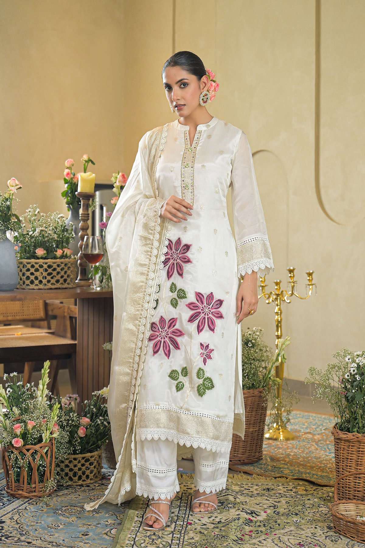 Off White Jamdani Silk Embroidered Pakistani Suit