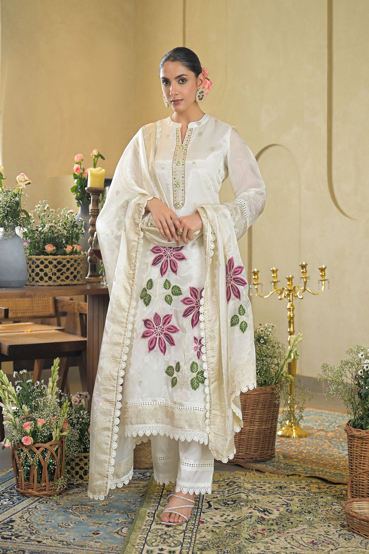 Off White Jamdani Silk Embroidered Pakistani Suit