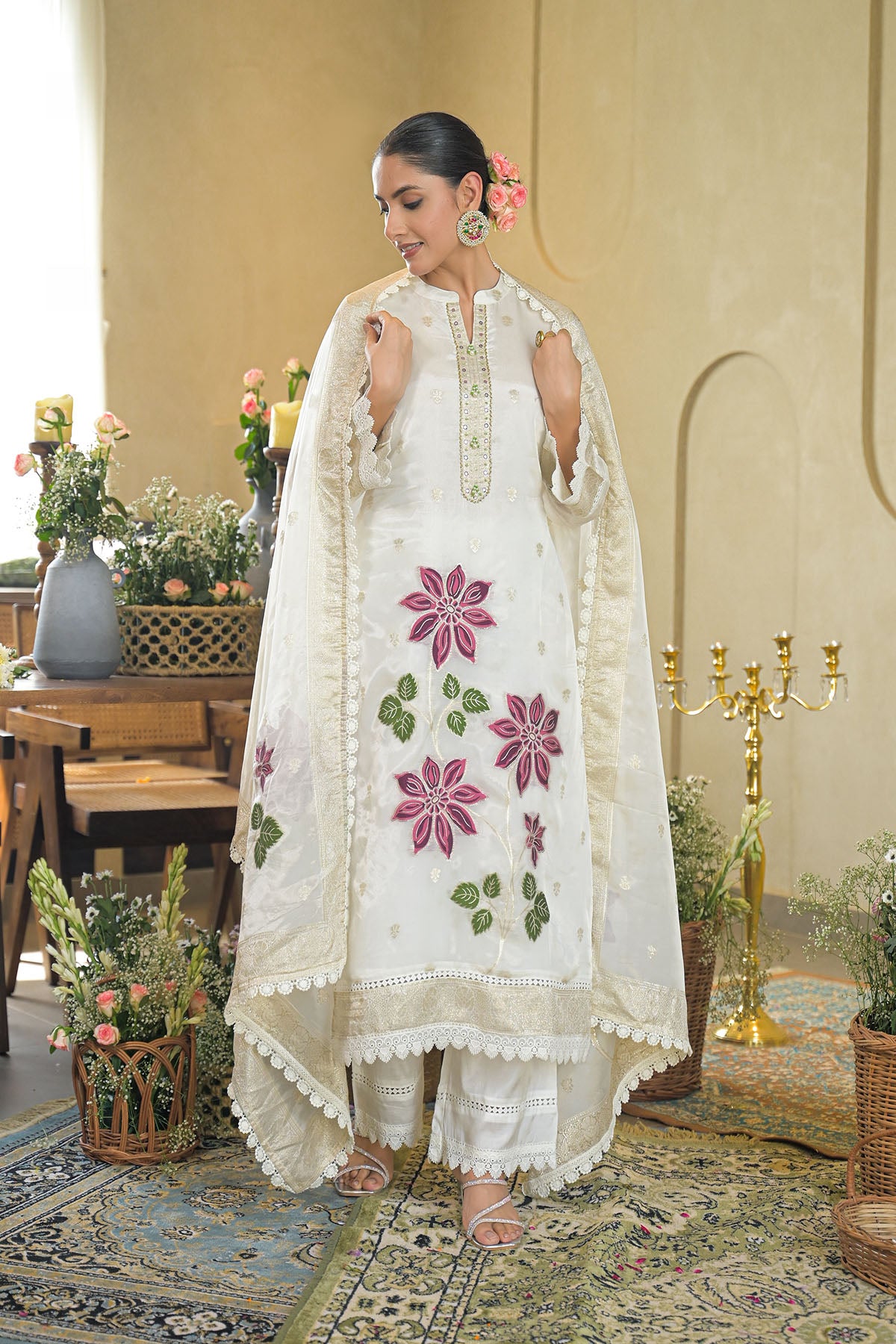 Off White Jamdani Silk Embroidered Pakistani Suit