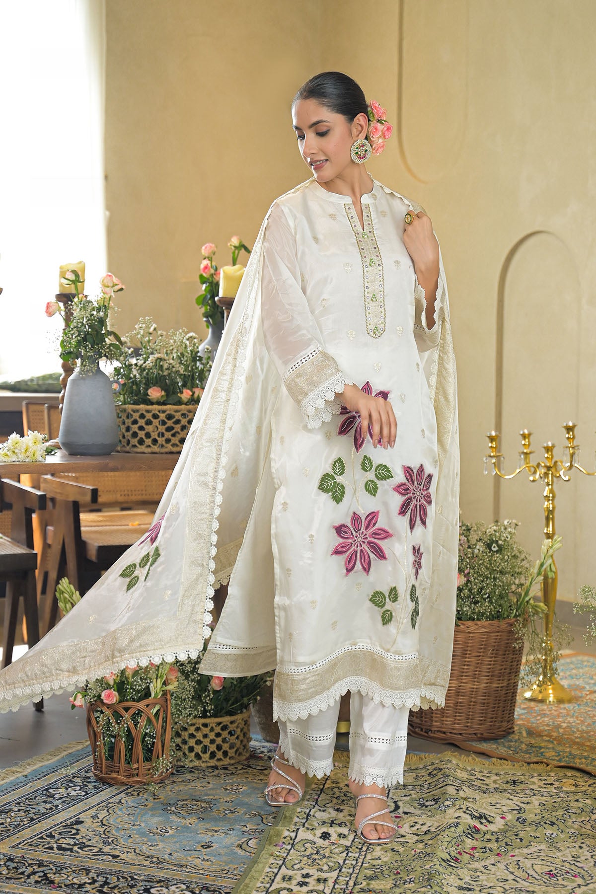 Off White Jamdani Silk Embroidered Pakistani Suit