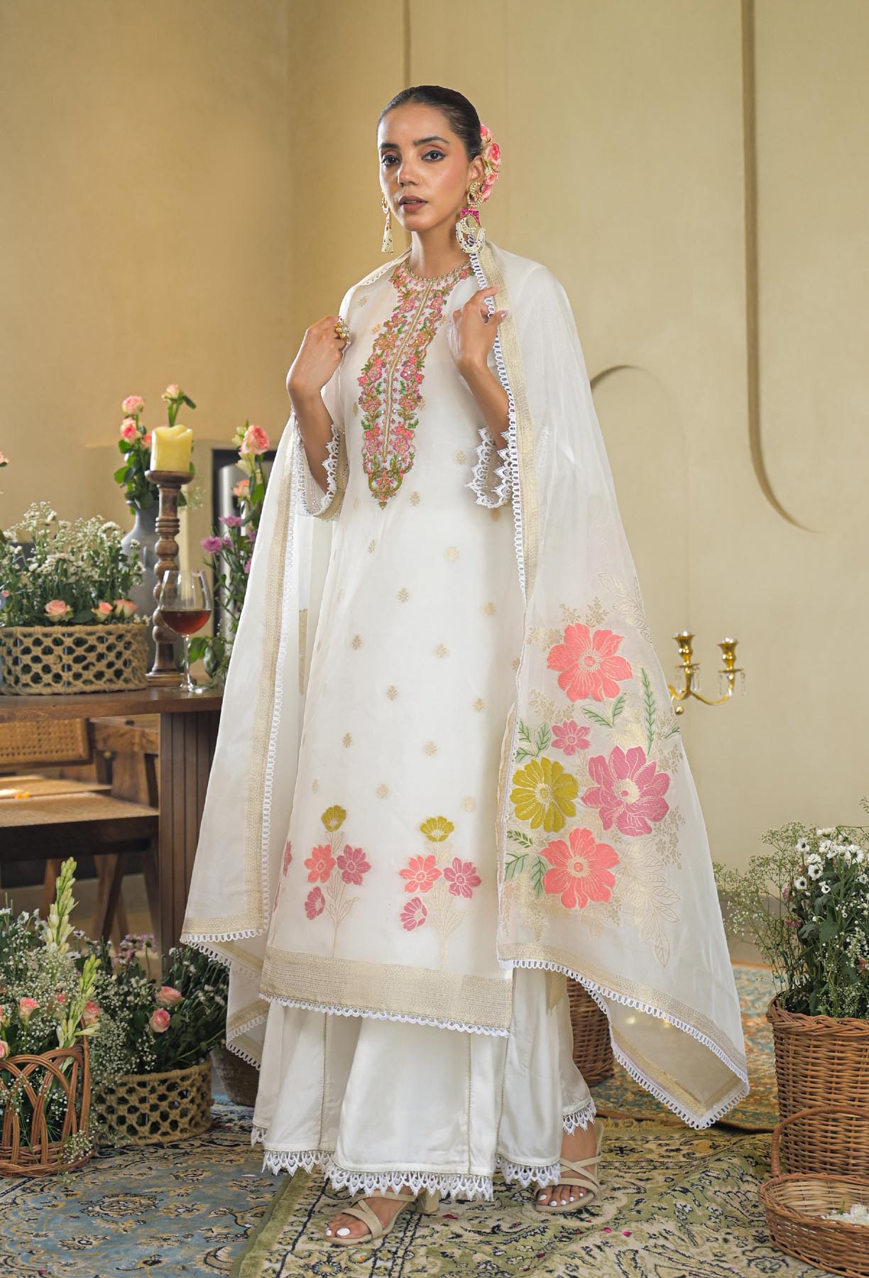 White Jamdani Silk Embroidered Straight Cut Suit Set | Bairaas