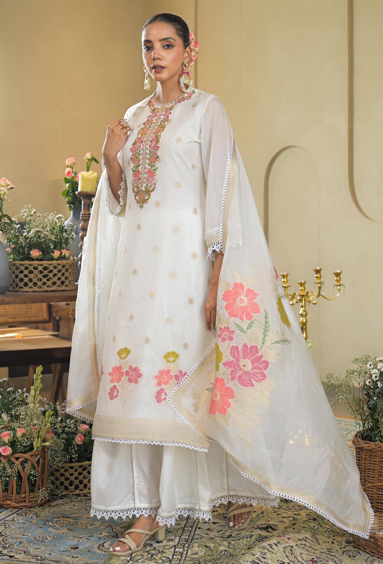 White Jamdani Silk Embroidered Straight Cut Suit Set | Bairaas