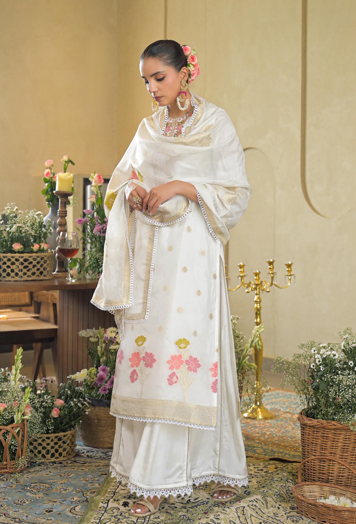 White Jamdani Silk Embroidered Straight Cut Suit Set | Bairaas