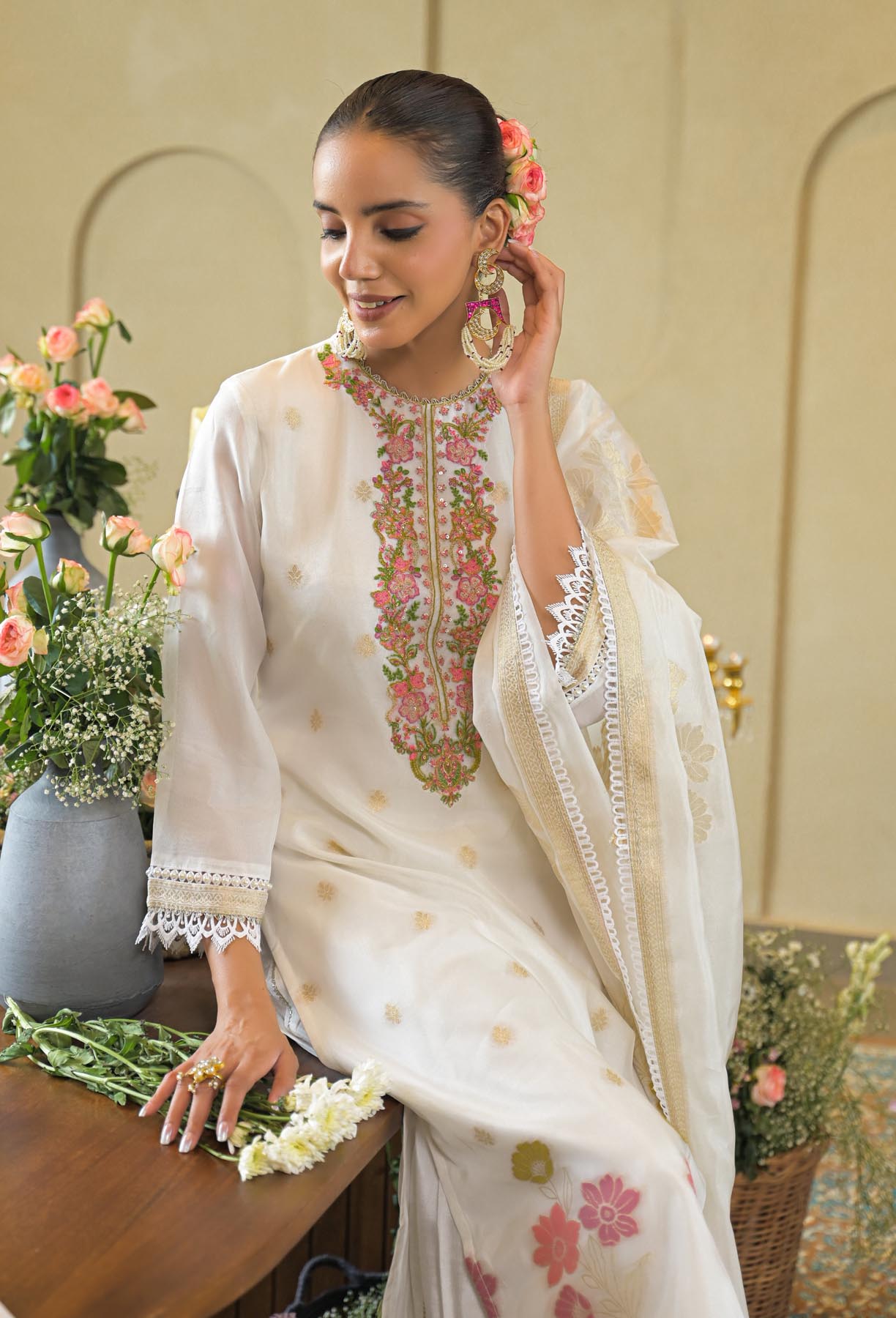 White Jamdani Silk Embroidered Straight Cut Suit Set | Bairaas