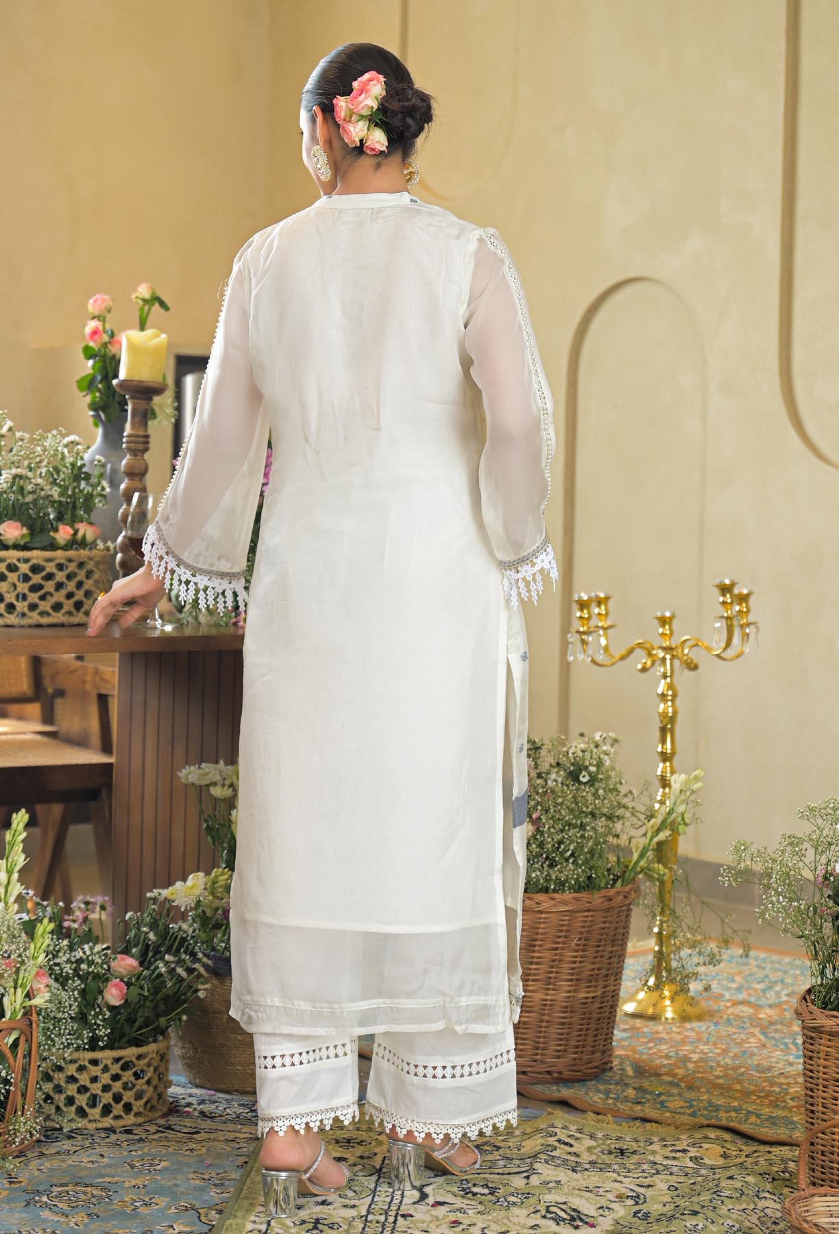 White Jamdani Silk Embroidered Straight Cut Suit Set | Bairaas