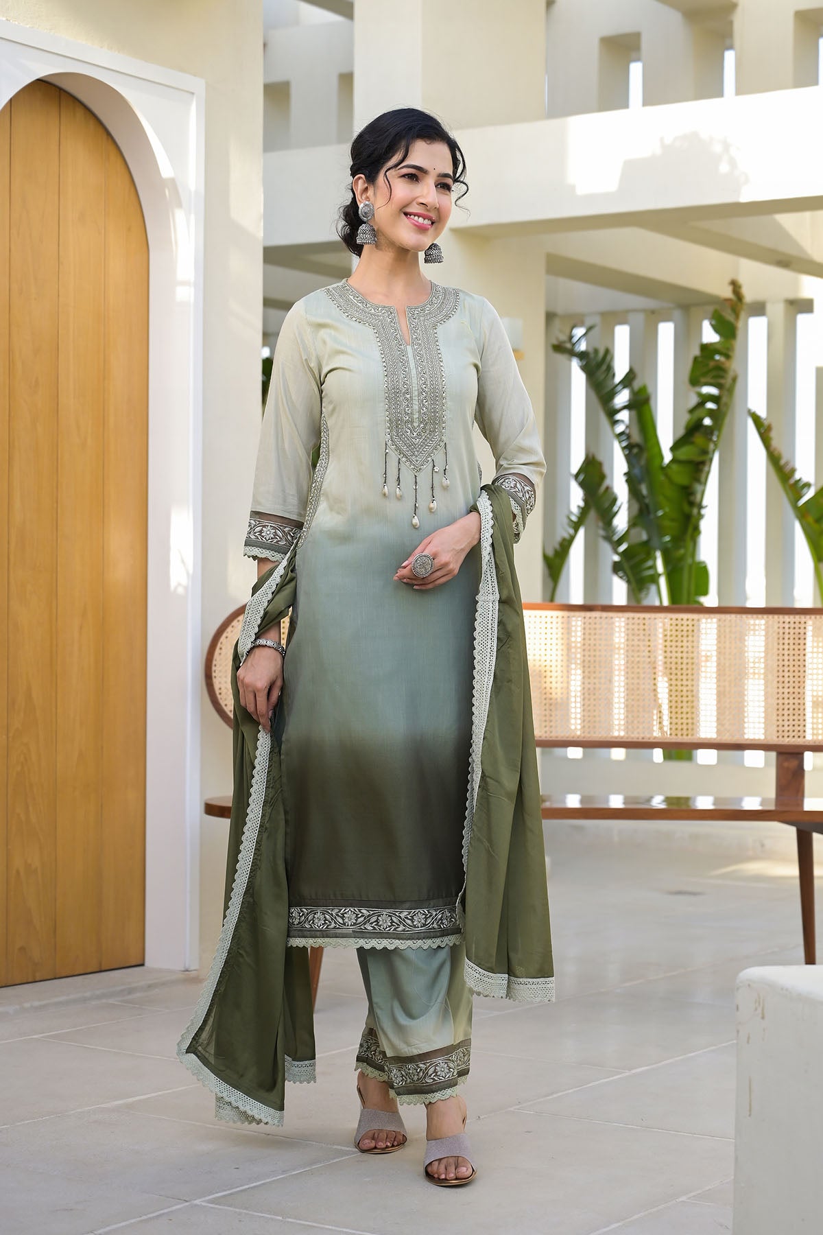 Green Ombre Rayon Handwork Stright Suit