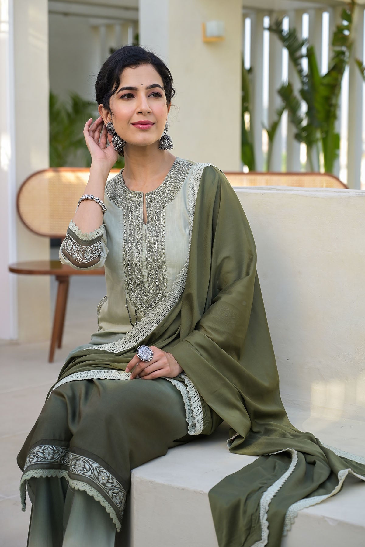 Green Ombre Rayon Handwork Stright Suit