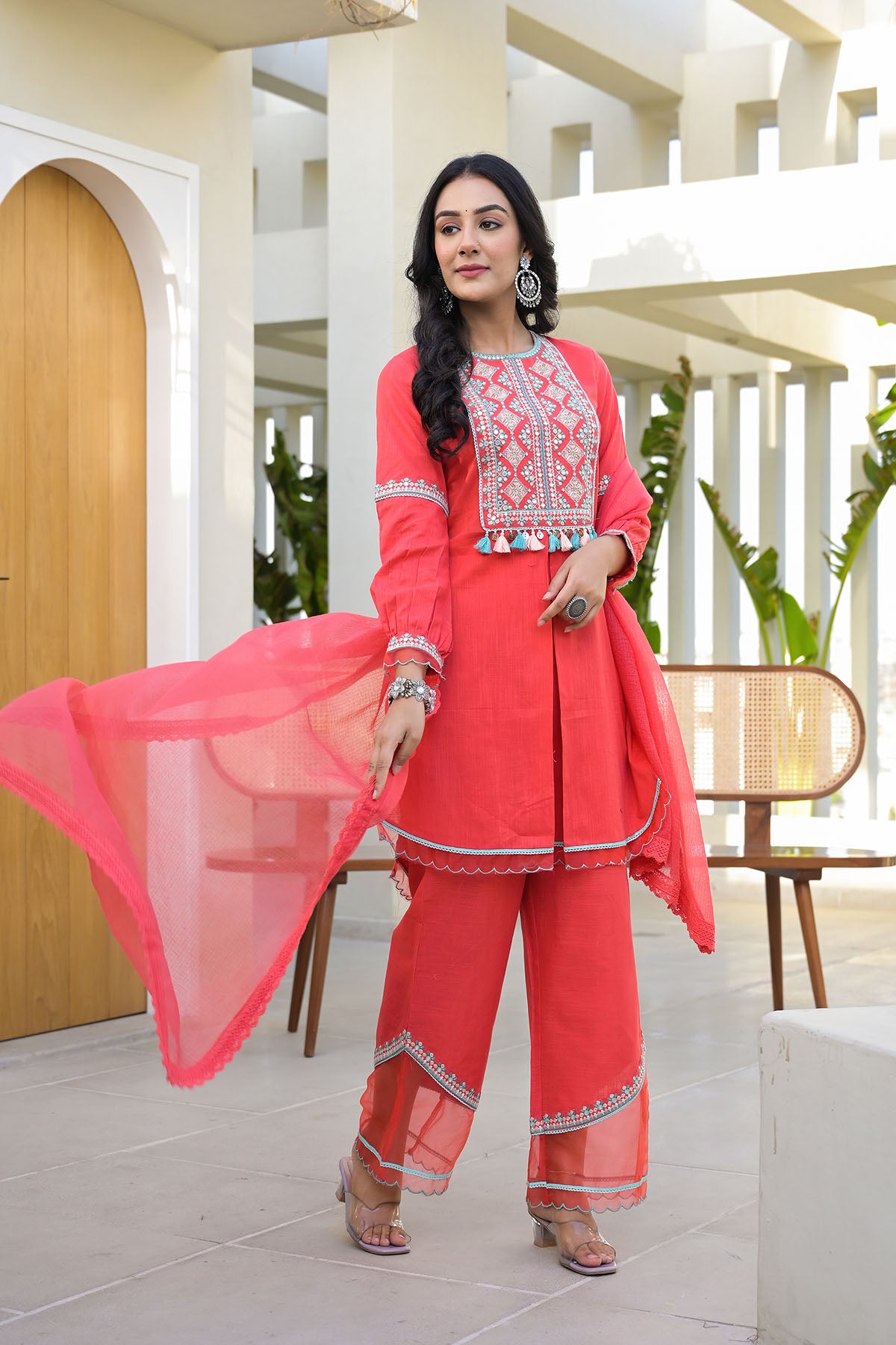 Red Cotton Embroidered Straight Suit