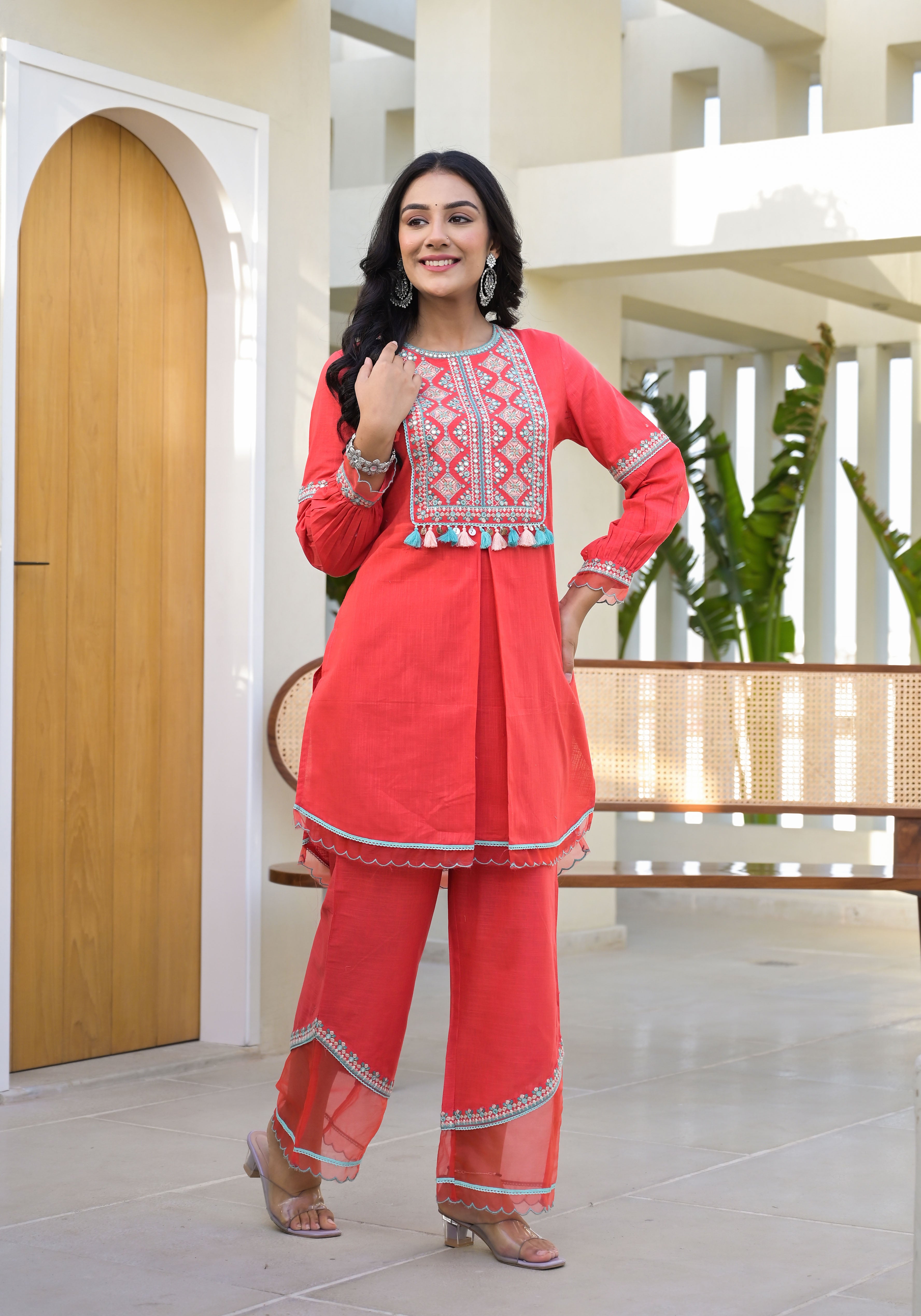 Red Cotton Embroidered Straight Suit
