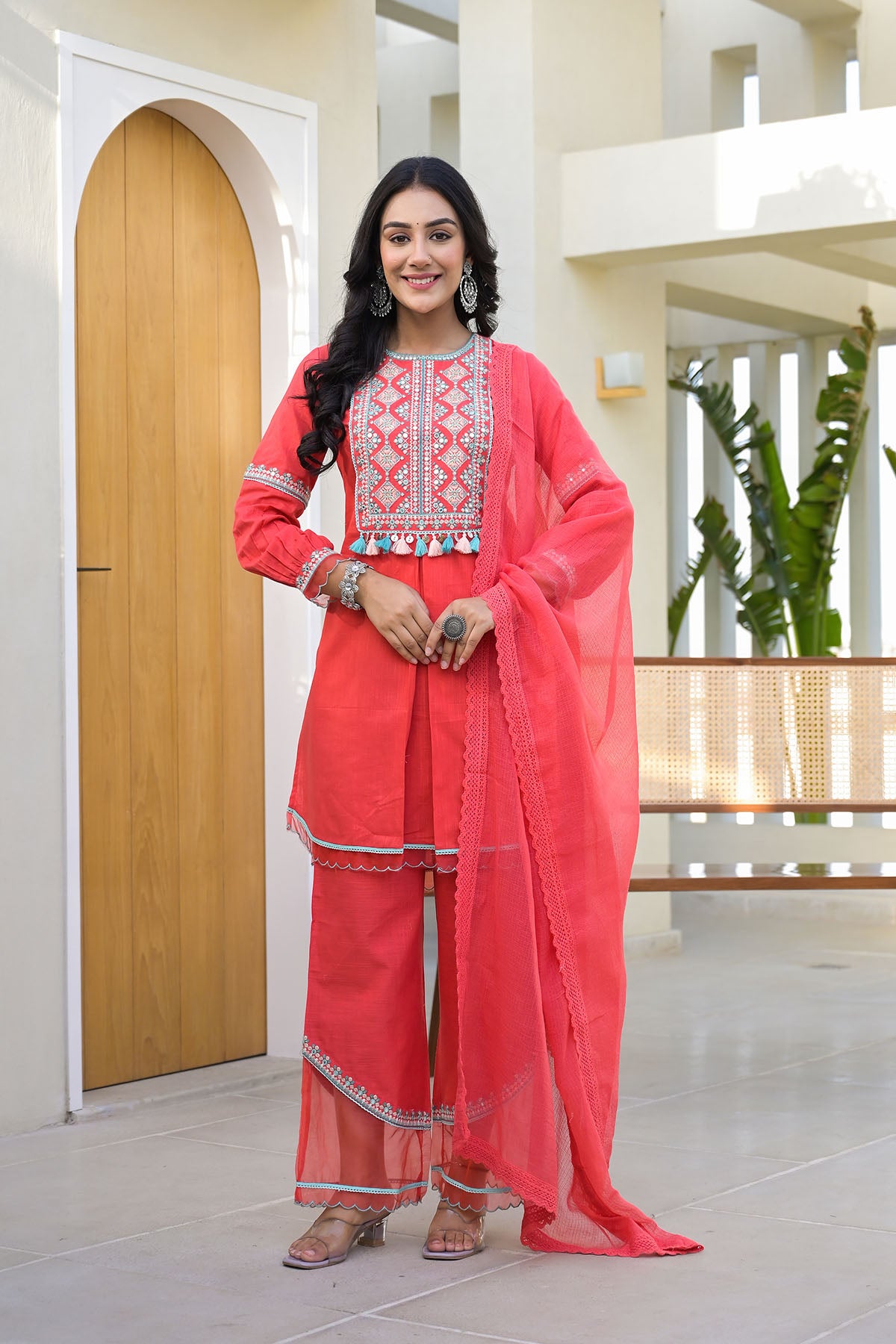 Red Cotton Embroidered Straight Suit