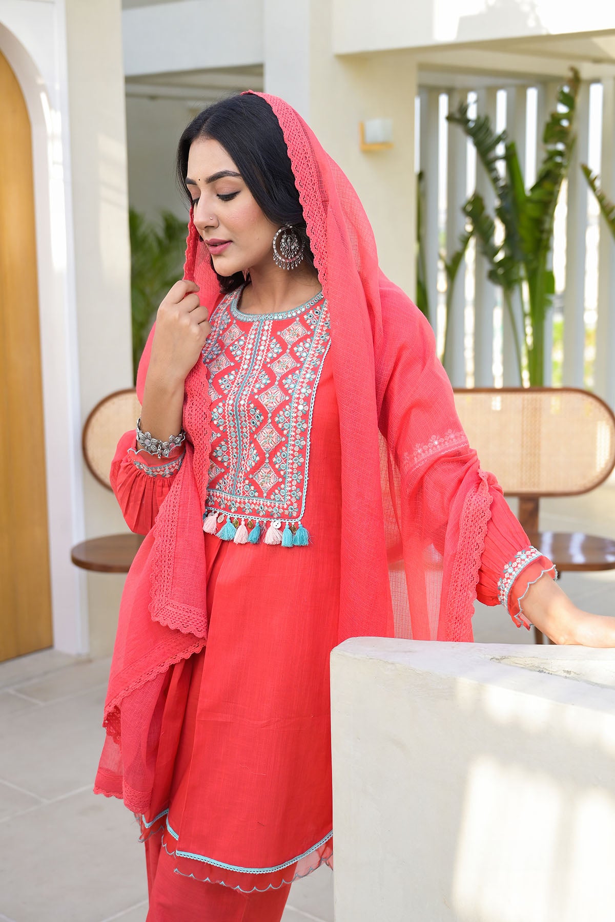 Red Cotton Embroidered Straight Suit