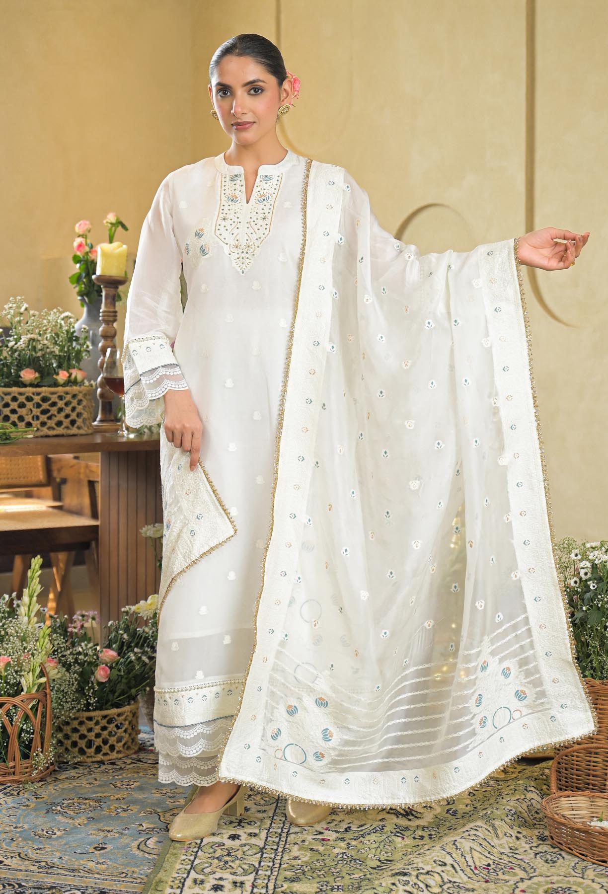 White Jamdani Silk Embroidered Straight Cut Suit Set | Bairaas