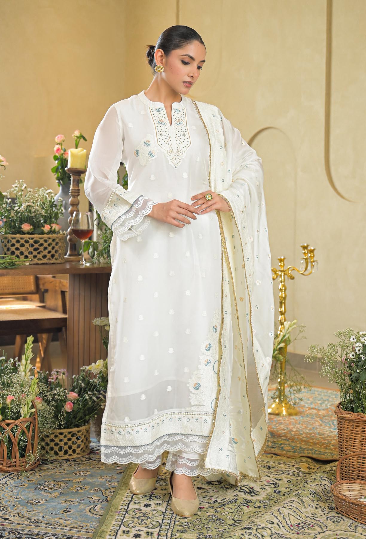 White Jamdani Silk Embroidered Straight Cut Suit Set | Bairaas