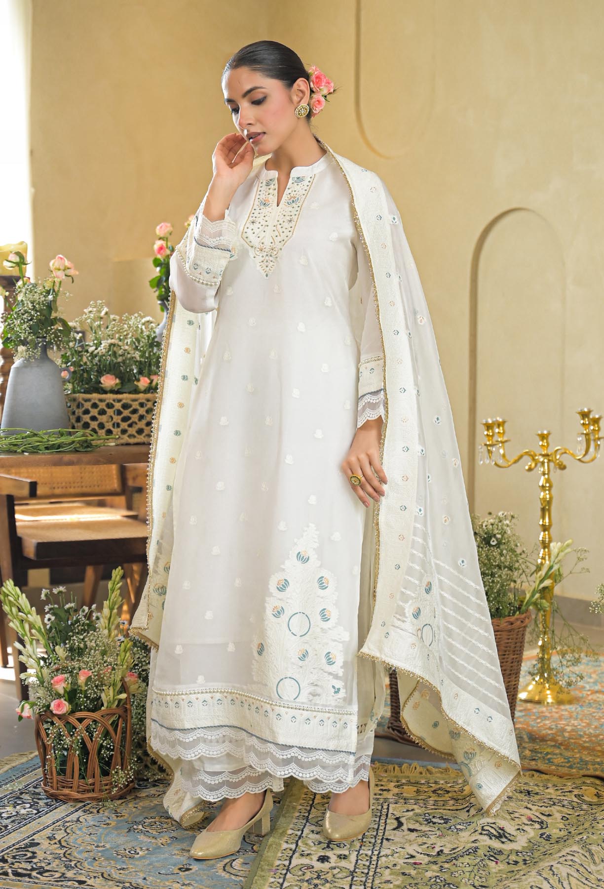 White Jamdani Silk Embroidered Straight Cut Suit Set | Bairaas