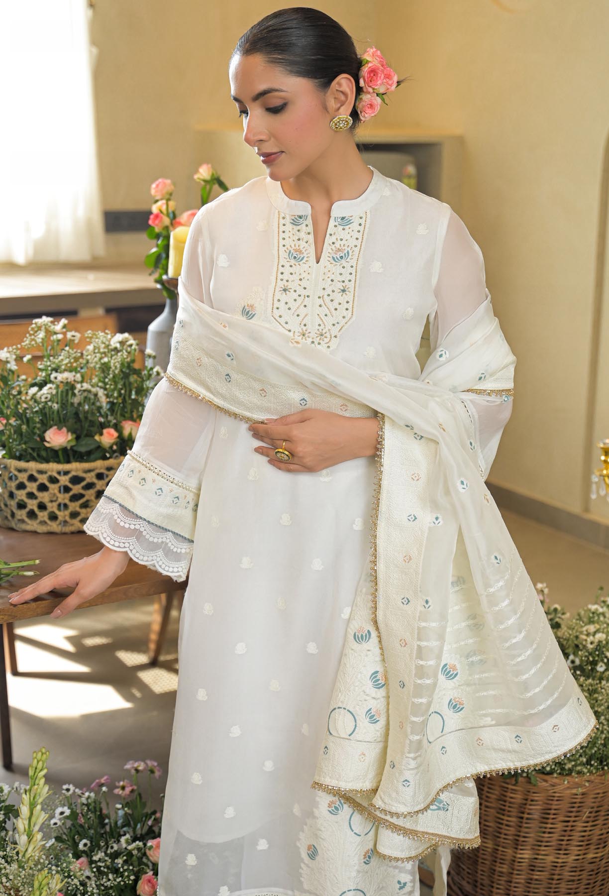 White Jamdani Silk Embroidered Straight Cut Suit Set | Bairaas