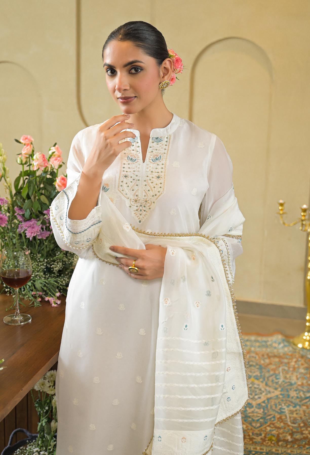 White Jamdani Silk Embroidered Straight Cut Suit Set | Bairaas