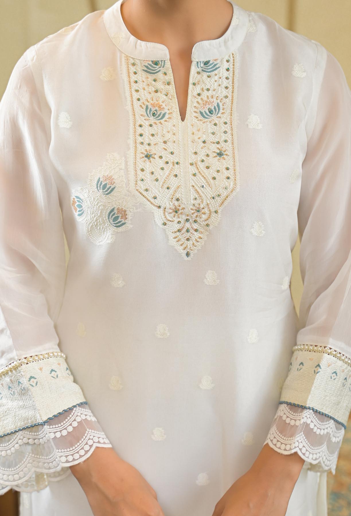 White Jamdani Silk Embroidered Straight Cut Suit Set | Bairaas
