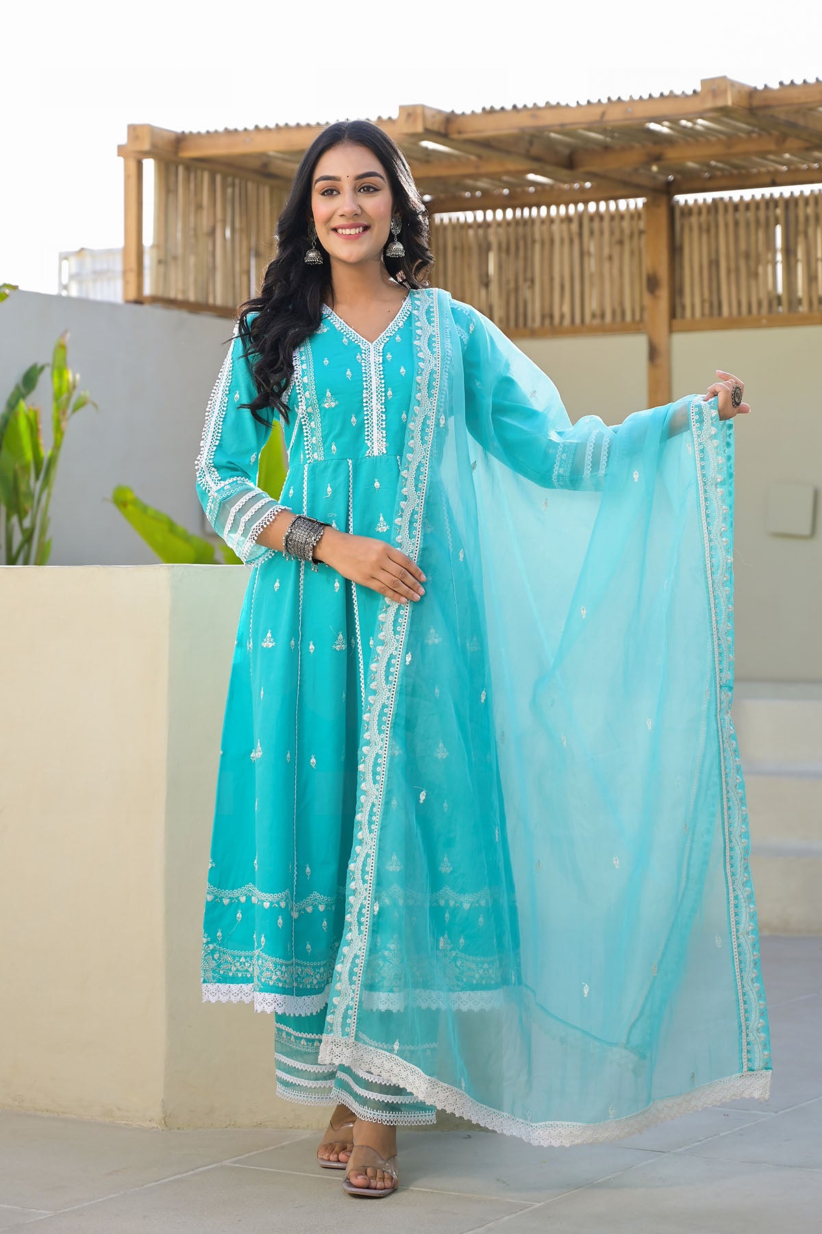 Blue Cotton Embroidered Anarkali Suit
