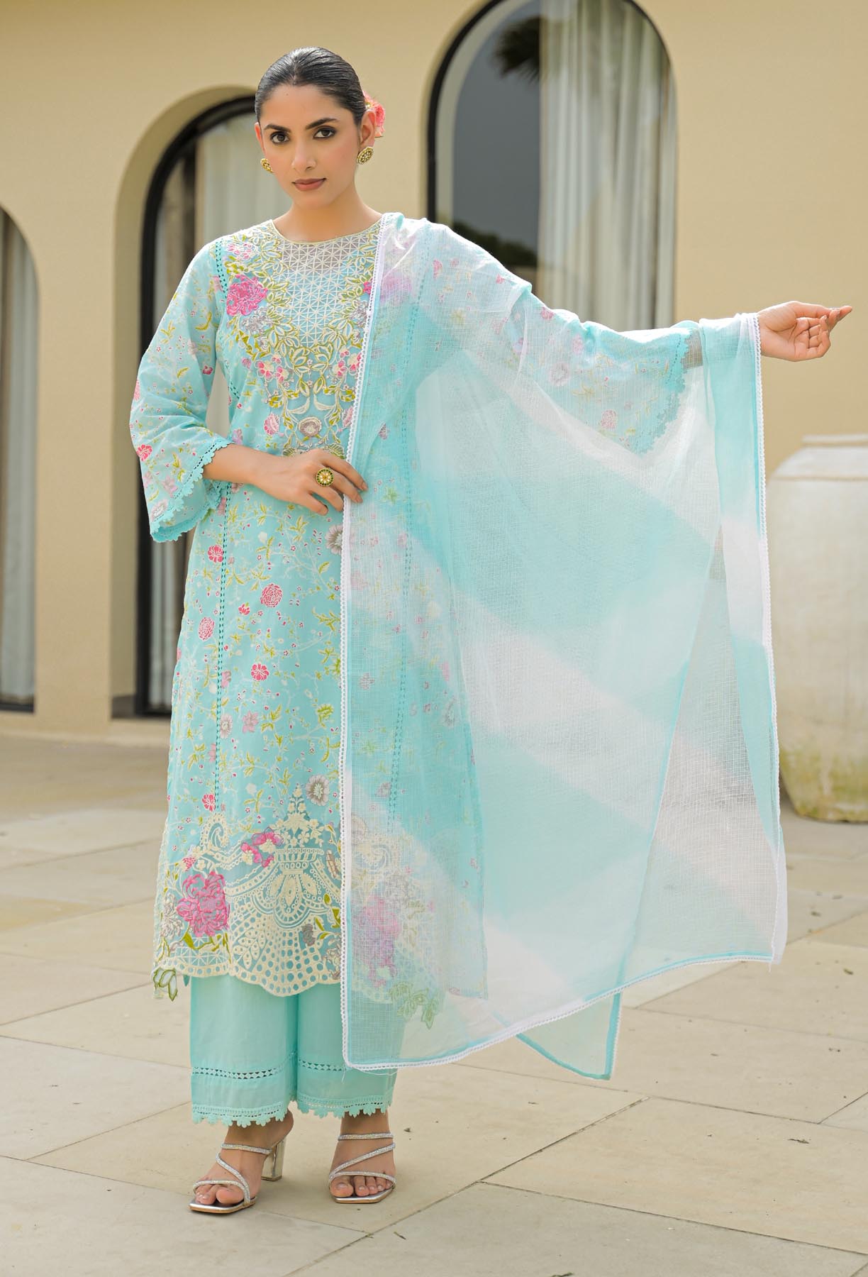 Sky Cotton Embroidered Straight Cut Suit Set | Bairaas