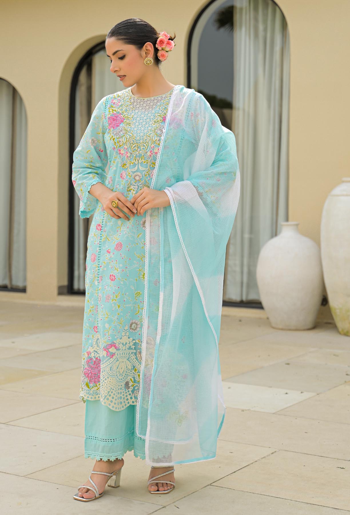 Sky Cotton Embroidered Straight Cut Suit Set | Bairaas