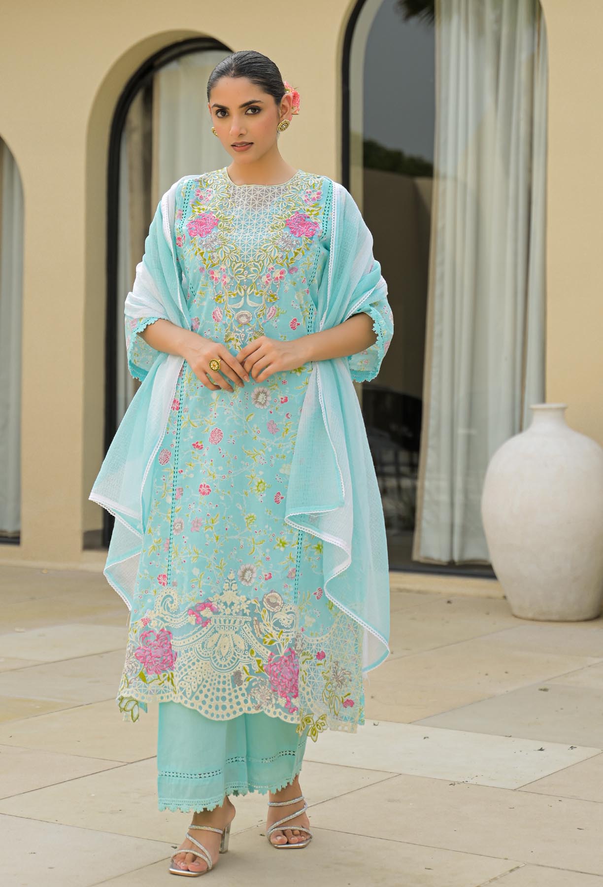 Sky Cotton Embroidered Straight Cut Suit Set | Bairaas