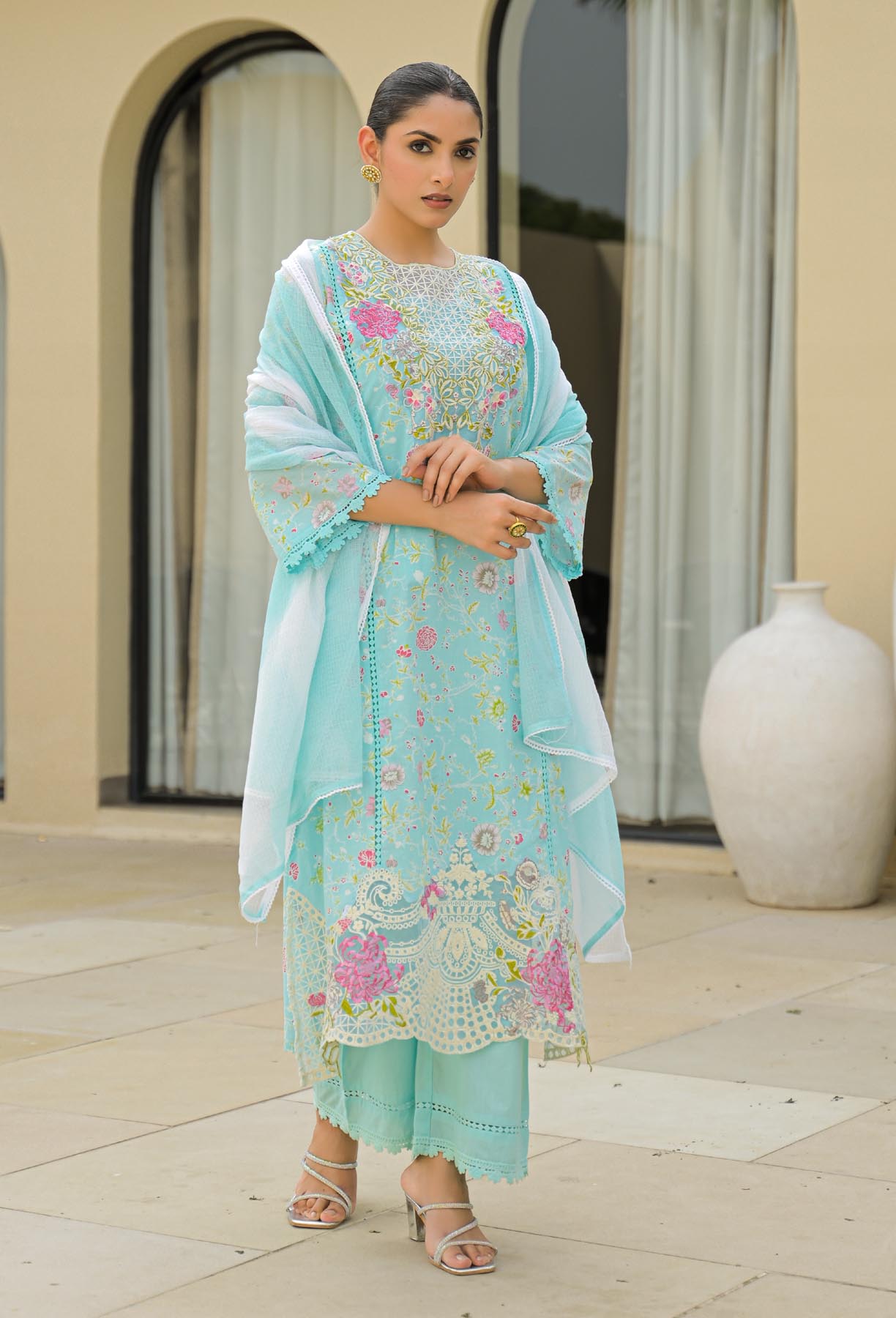 Sky Cotton Embroidered Straight Cut Suit Set | Bairaas