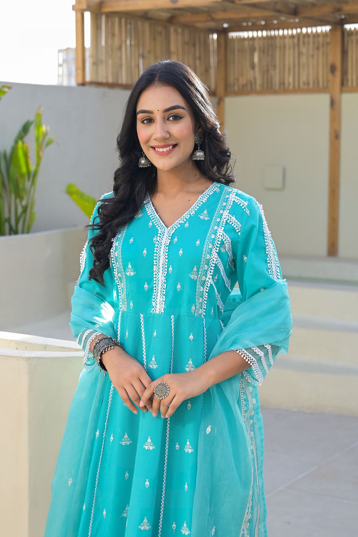Blue Cotton Embroidered Anarkali Suit