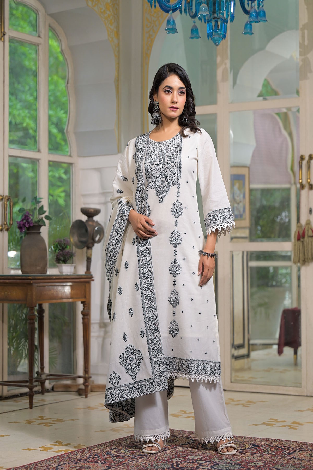 White Embroidered Cotton Straight Suit