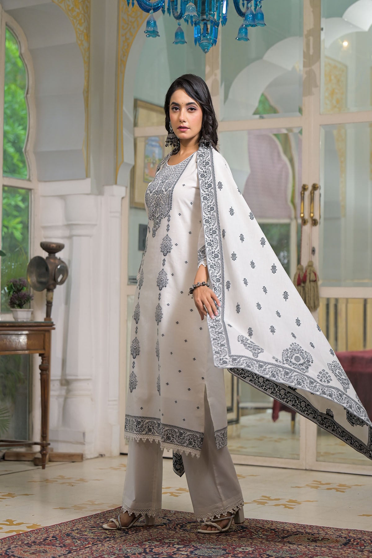 White Embroidered Cotton Straight Suit