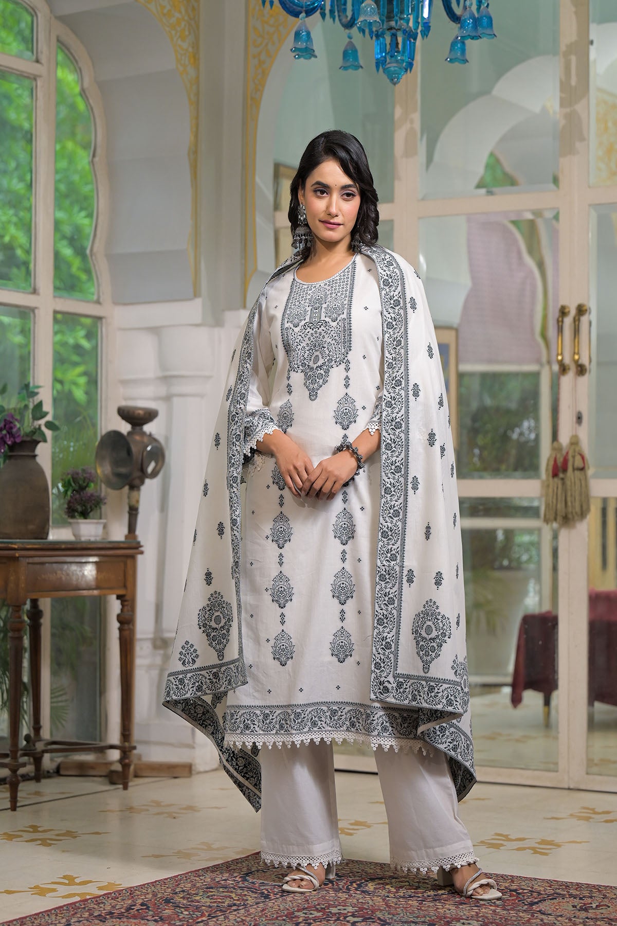White Embroidered Cotton Straight Suit