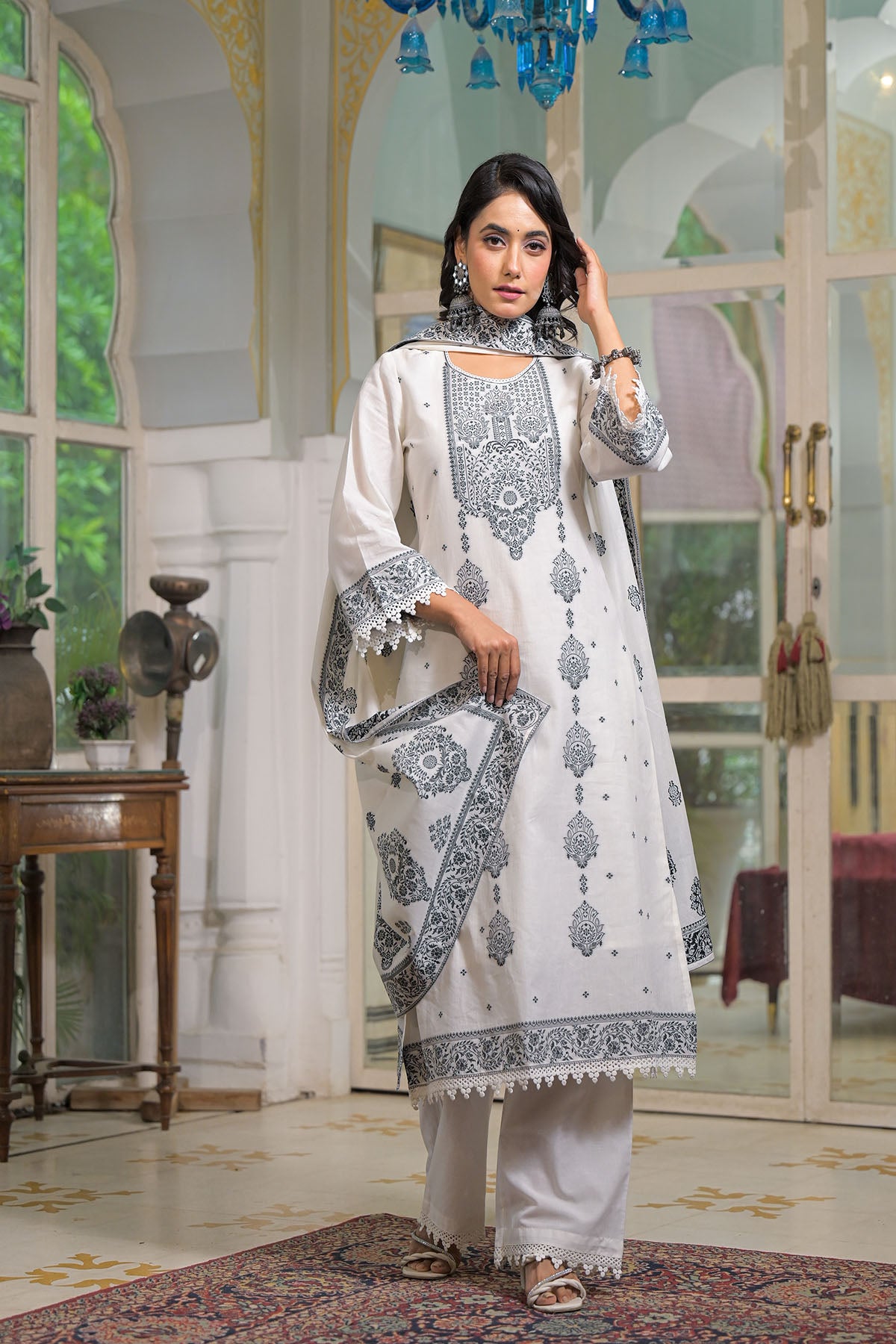 White Embroidered Cotton Straight Suit