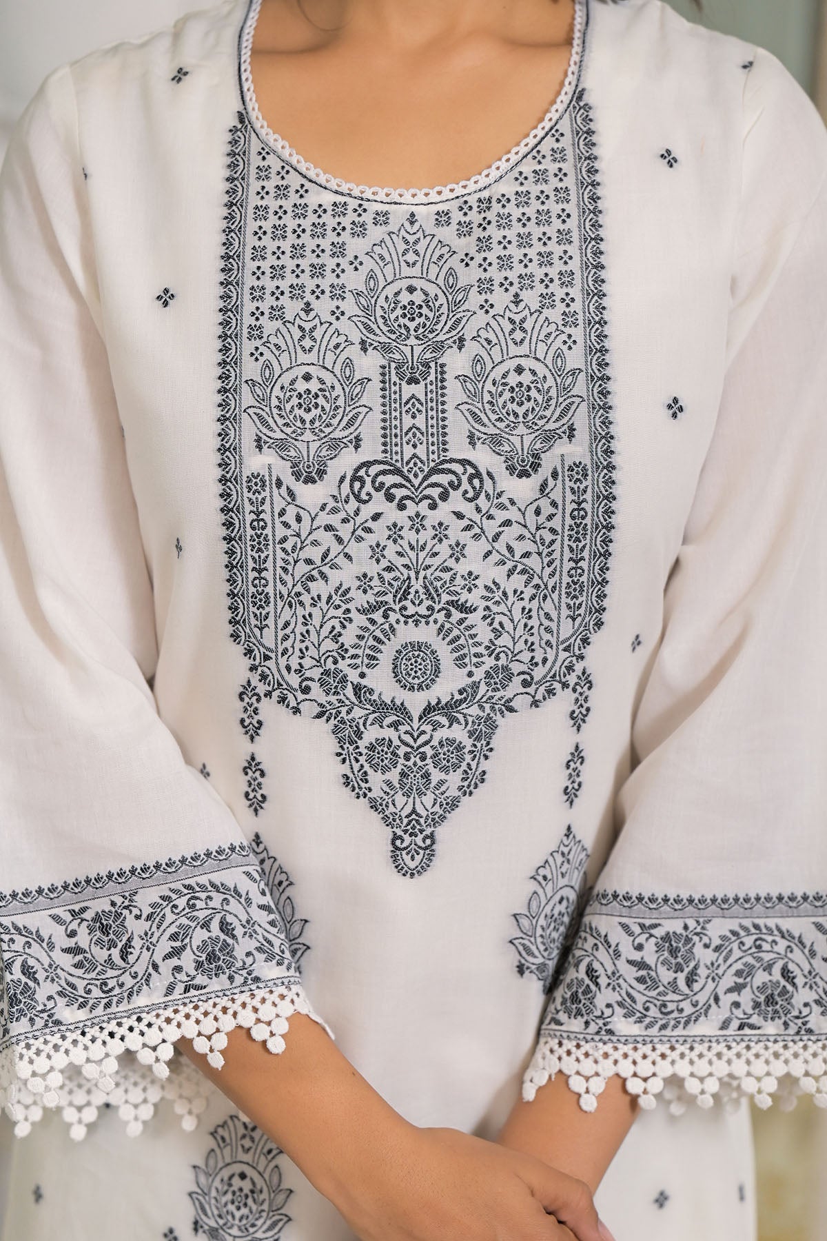 White Embroidered Cotton Straight Suit