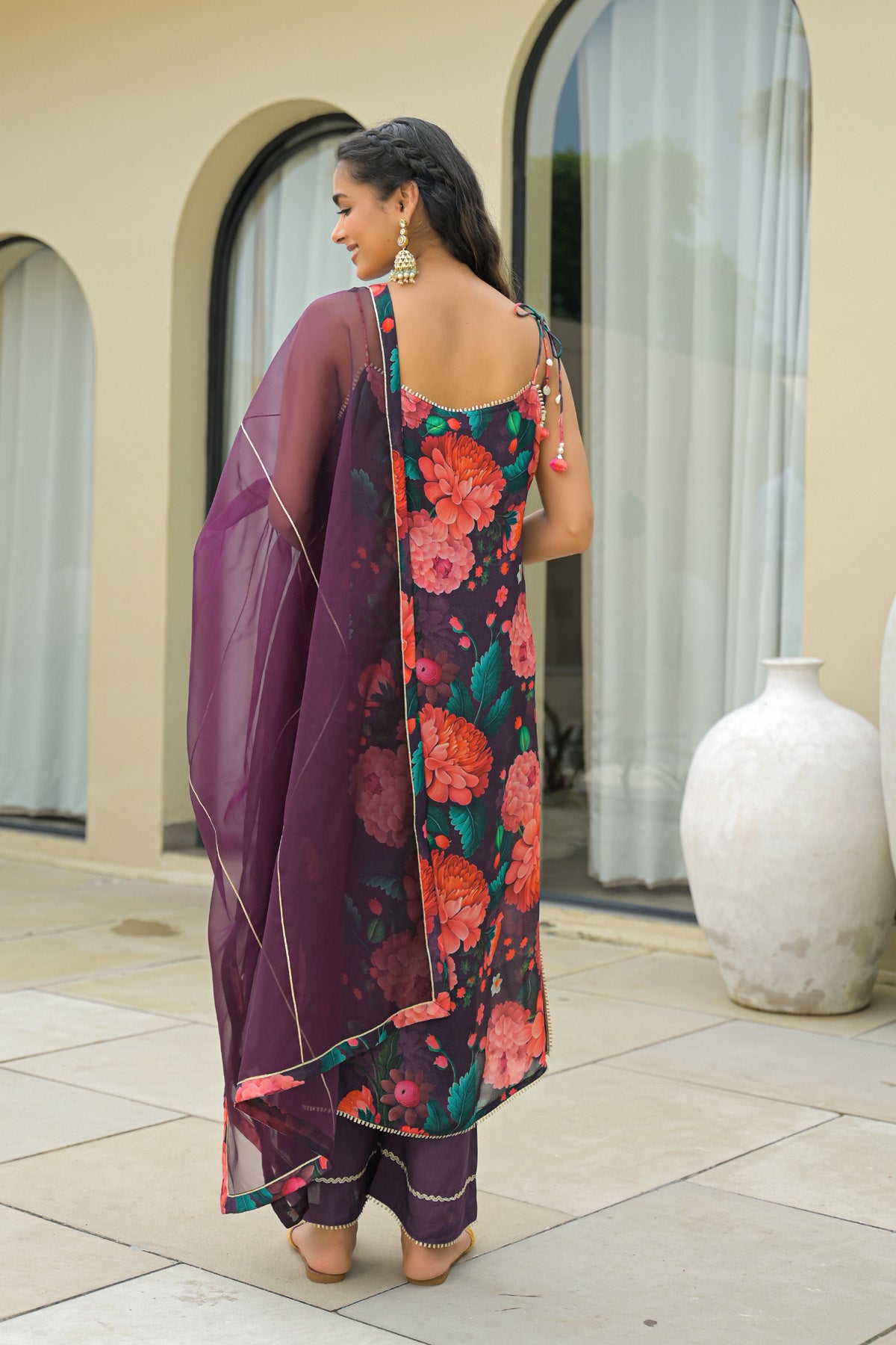 Maroon Chinon Gotapatti Straight Cut Suit Set | Bairaas