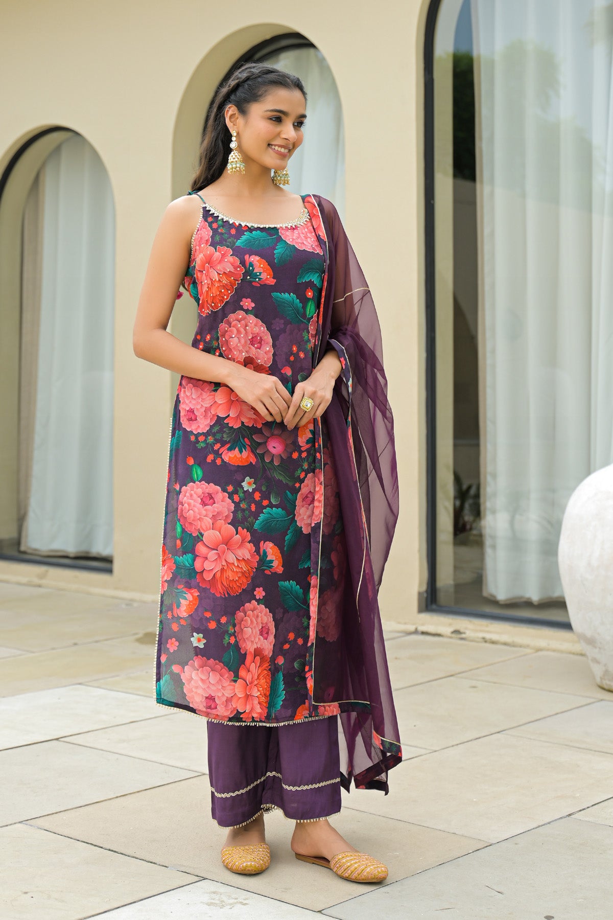 Maroon Chinon Gotapatti Straight Cut Suit Set | Bairaas