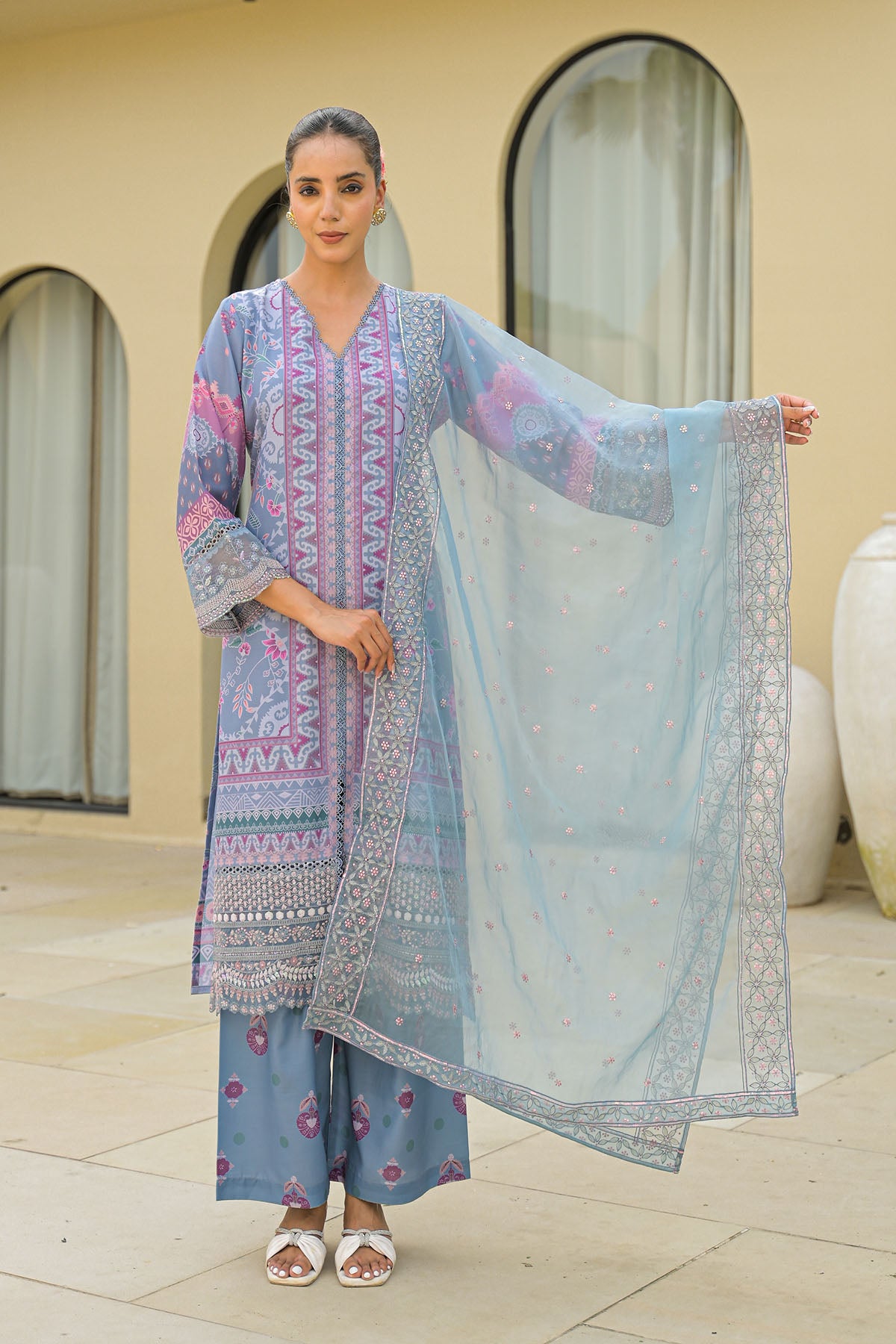 Grey Muslin Embroidered Pakistani Suit