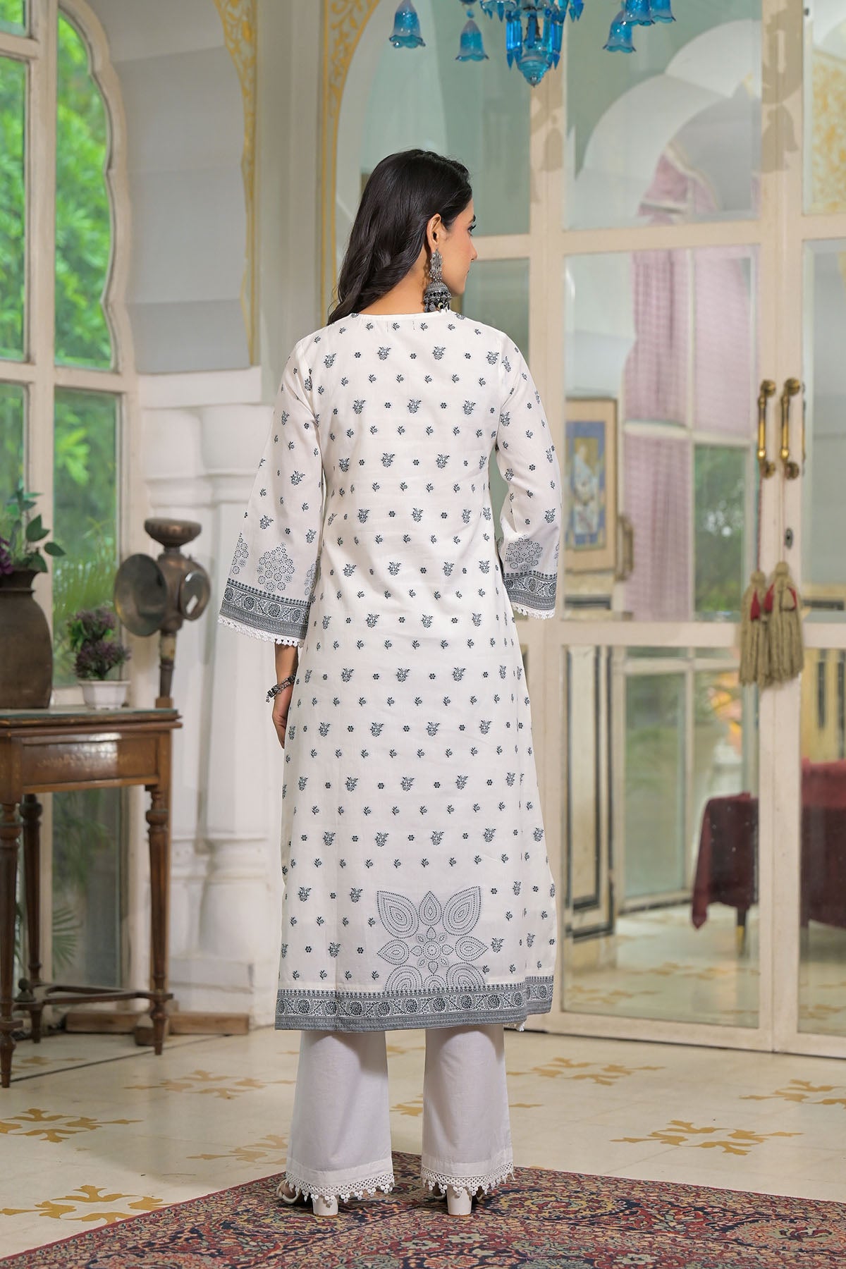 White Cotton Straight Embroidered Suit