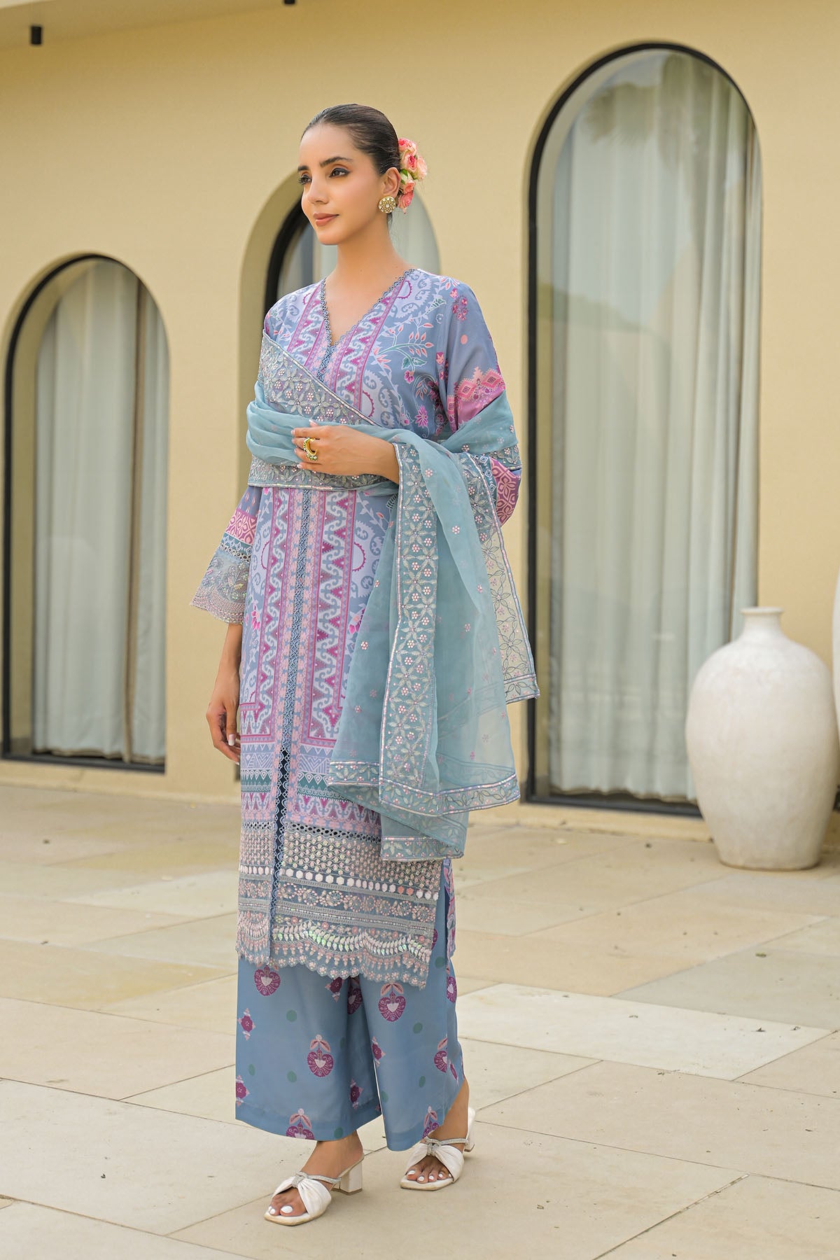 Grey Muslin Embroidered Pakistani Suit