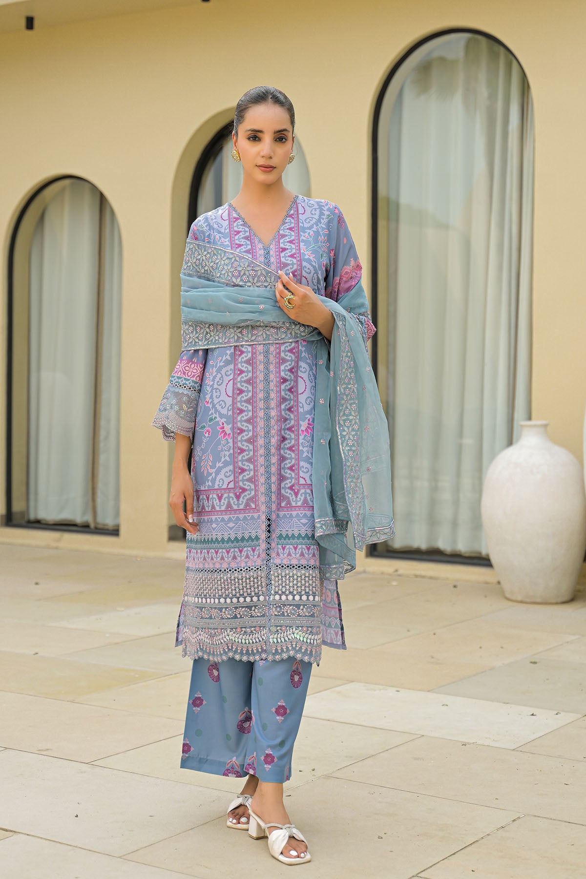 Grey Muslin Embroidered Pakistani Suit