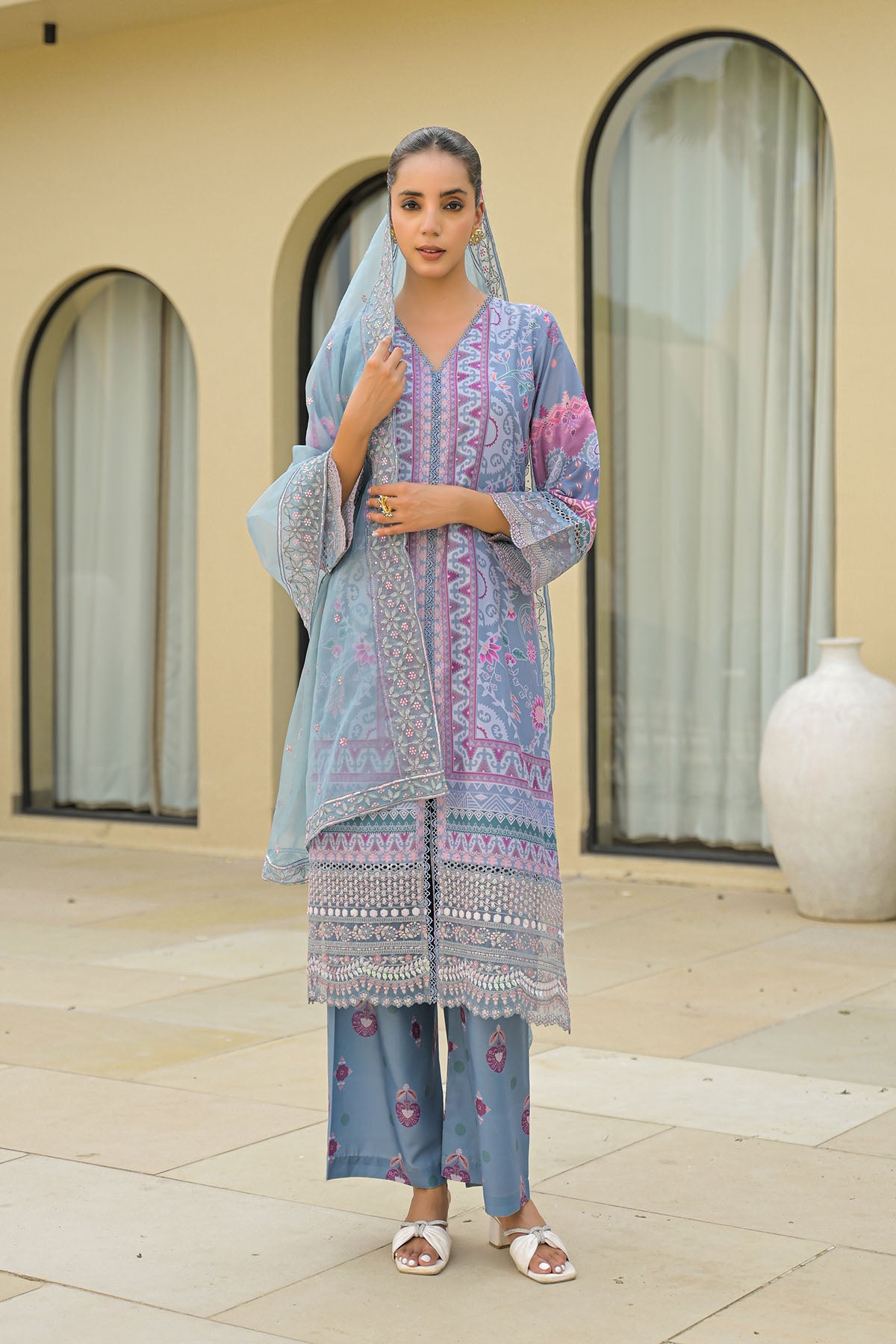 Grey Muslin Embroidered Pakistani Suit