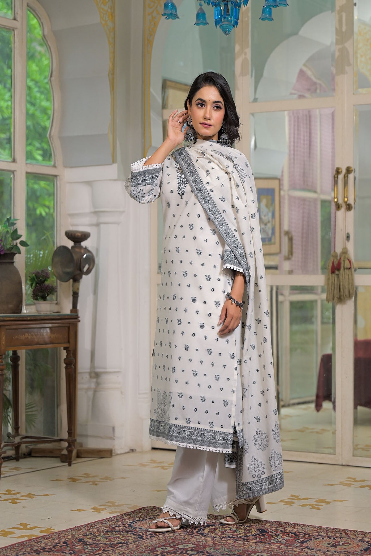 White Cotton Straight Embroidered Suit