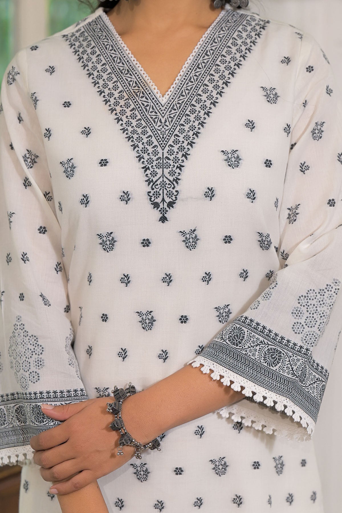 White Cotton Straight Embroidered Suit