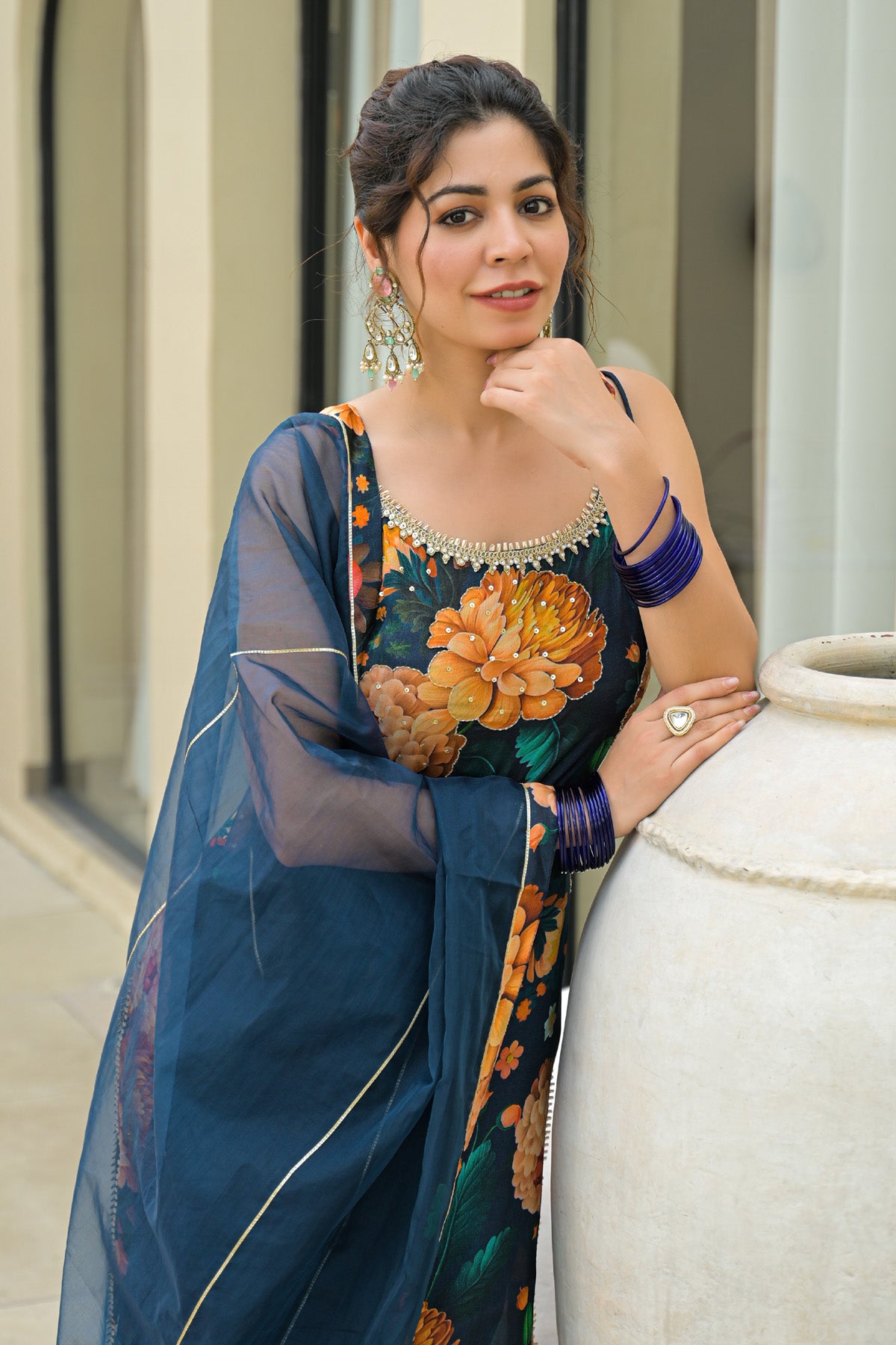 Blue Chinon Gotapatti Straight Cut Suit Set | Bairaas