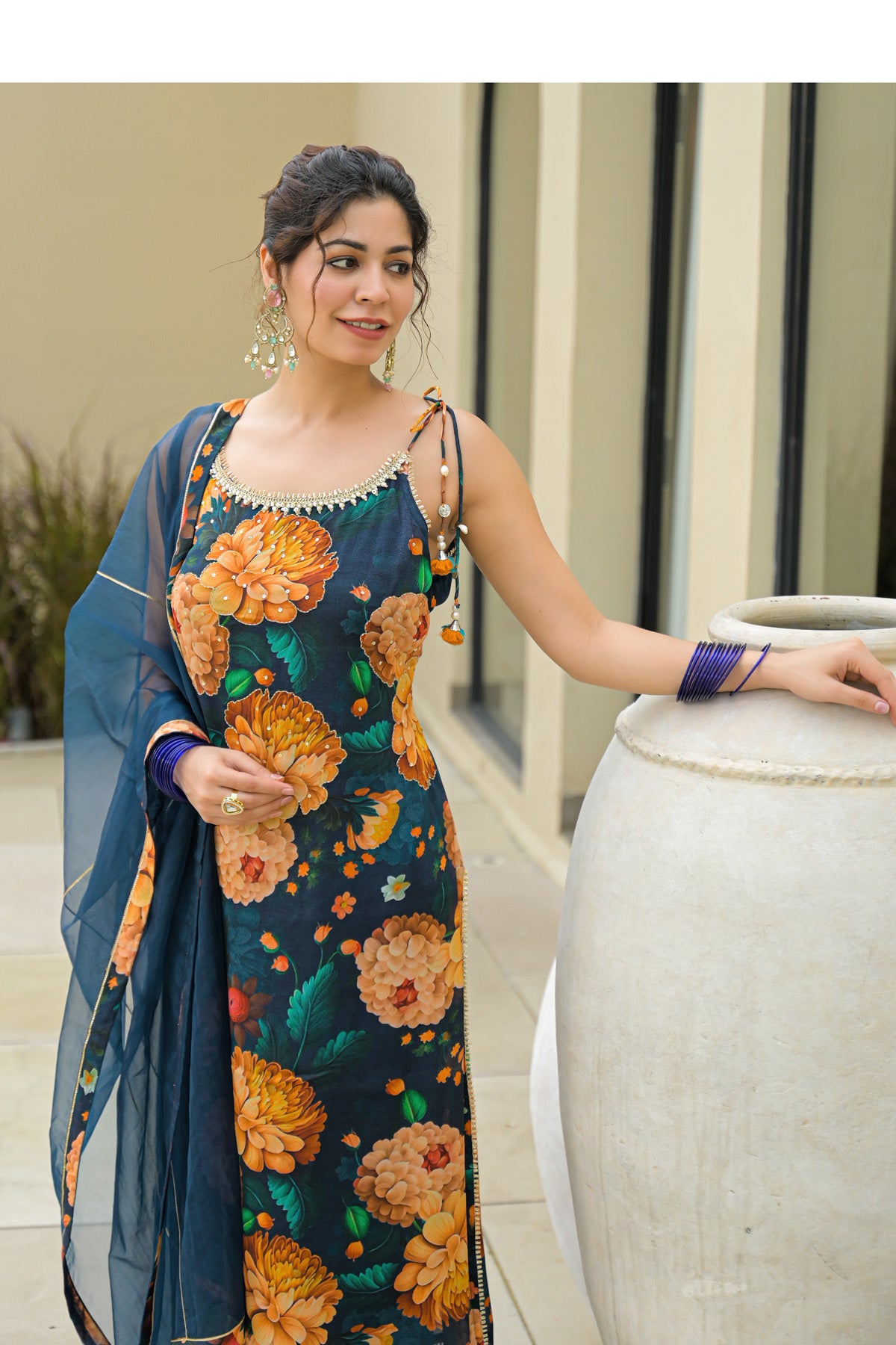 Blue Chinon Gotapatti Straight Cut Suit Set | Bairaas