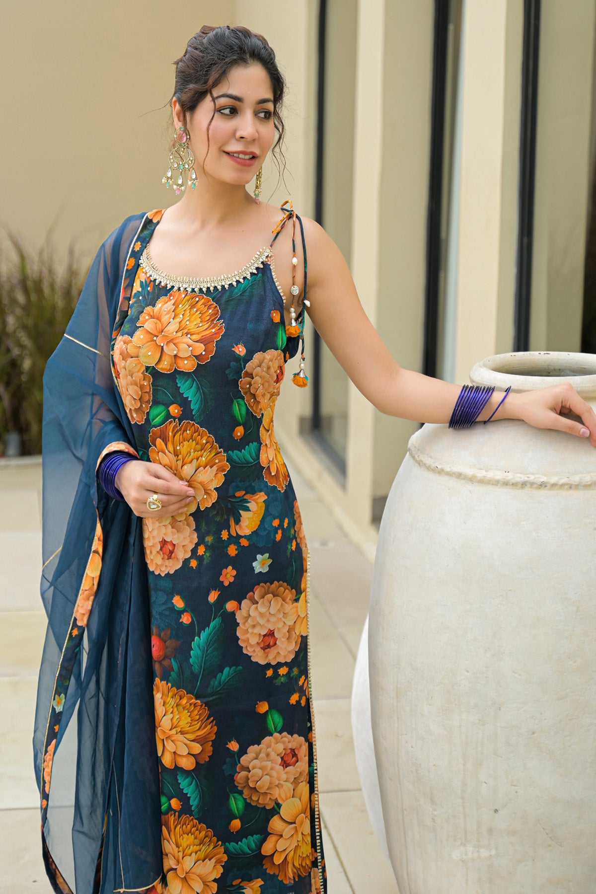 Navy Blue Chinon Handwork Suit Set