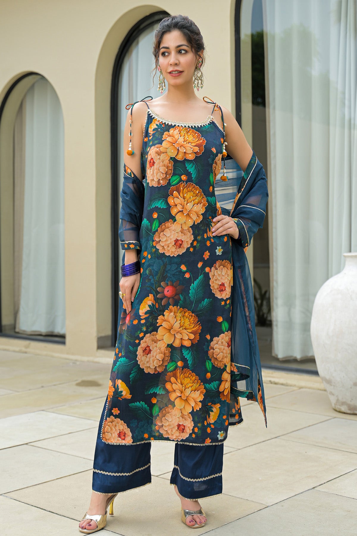 Navy Blue Chinon Handwork Suit Set