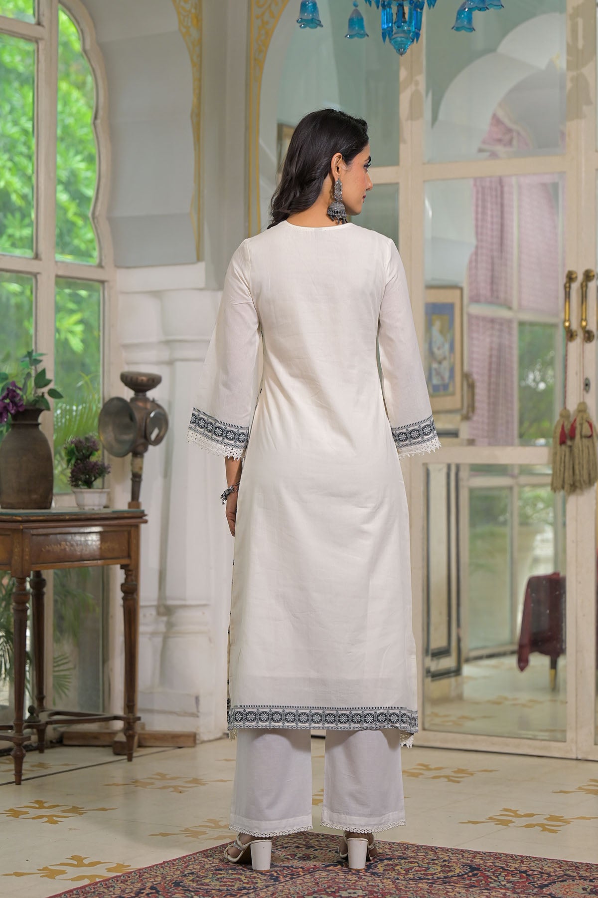 White Embroidered Straight-Cut Cotton Suit