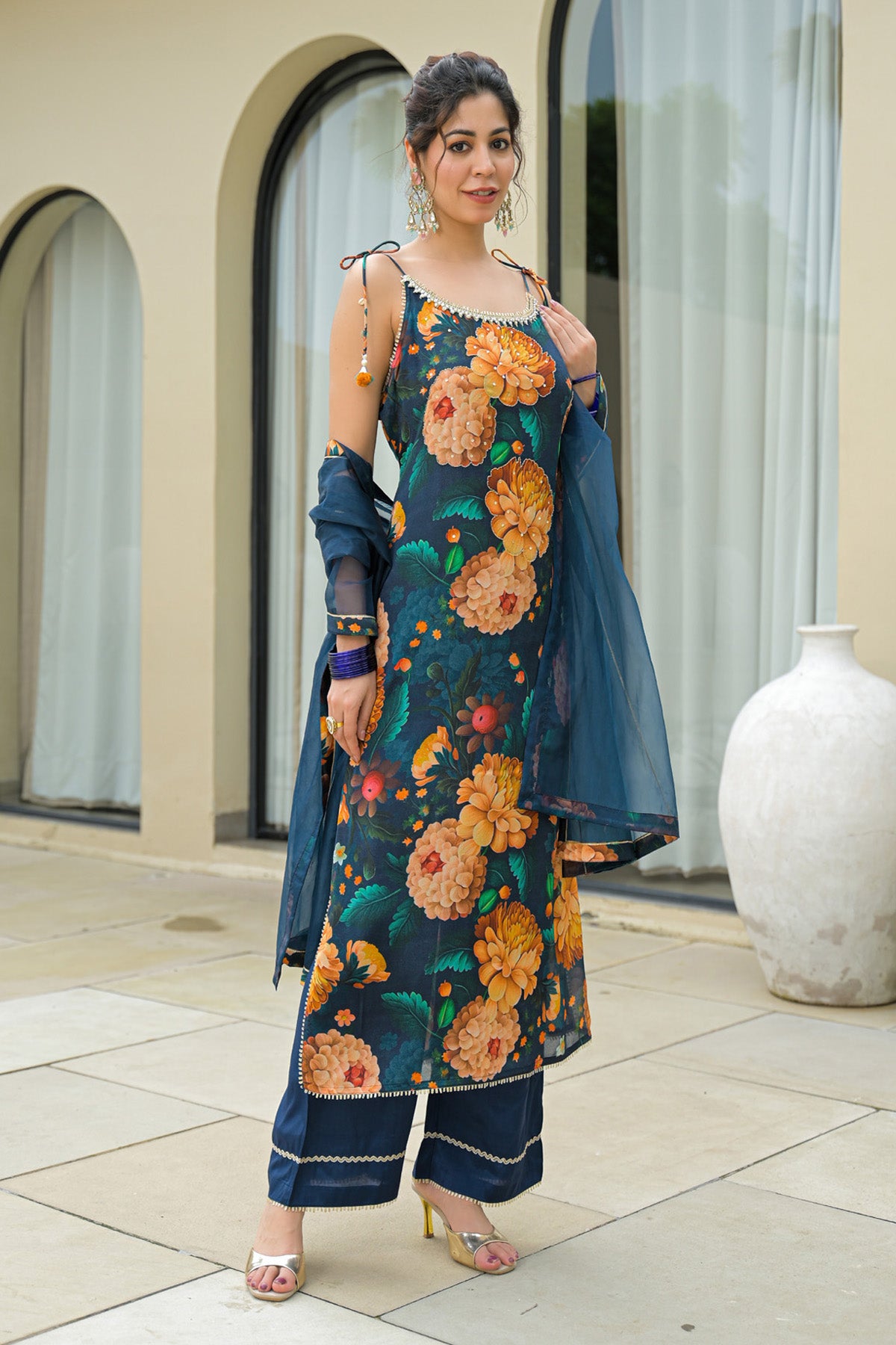 Navy Blue Chinon Handwork Suit Set