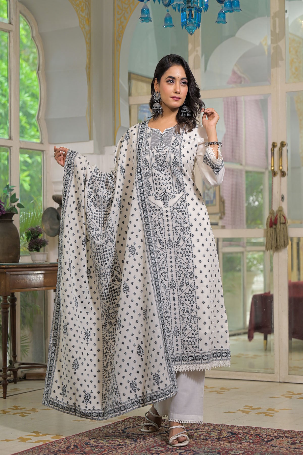 White Embroidered Straight-Cut Cotton Suit