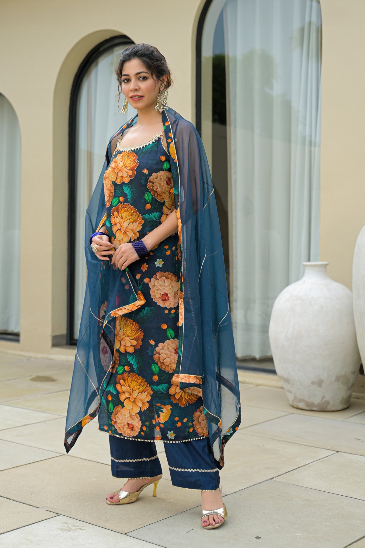 Blue Chinon Gotapatti Straight Cut Suit Set | Bairaas