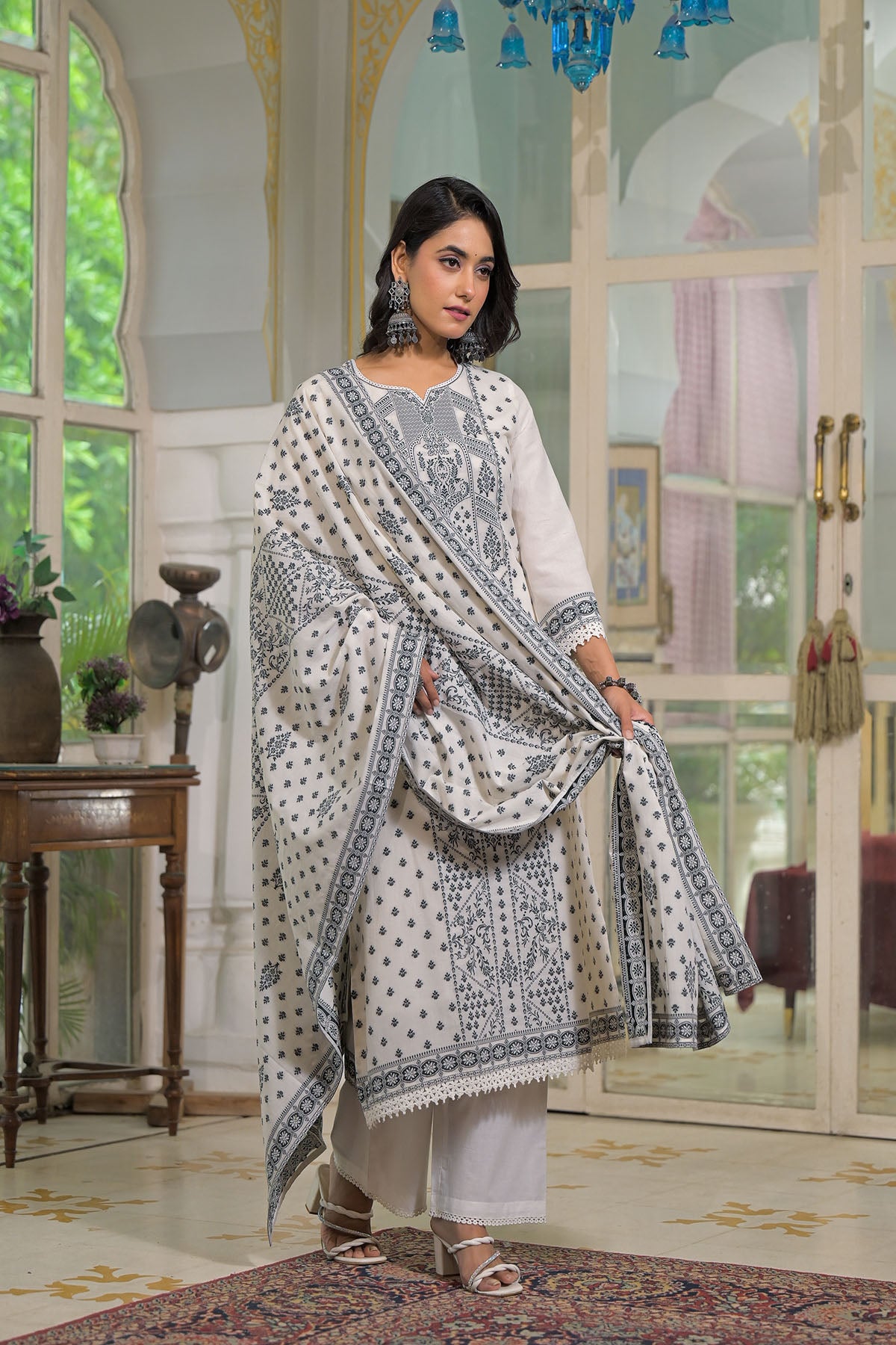 White Embroidered Straight-Cut Cotton Suit